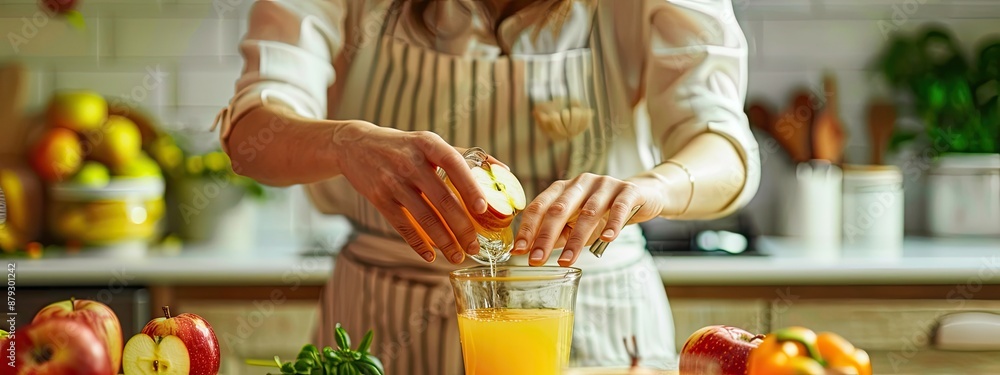 a woman prepares apple juice. Selective focus a woman prepares apple juice. Selective focus