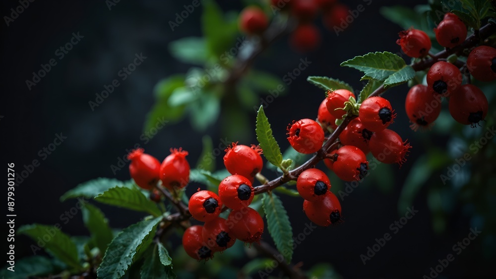 Obraz premium A stunning close-up of a vibrant red rosary pea plant, with its delicate petals and intricate details, set against a dark and moody background.