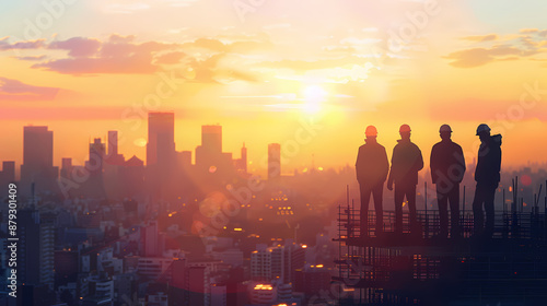 Silhouettes of construction workers and engineers stand in front of cityscape at sunrise, symbolizing progress, teamwork and urban growth. City development concept. AI generated.