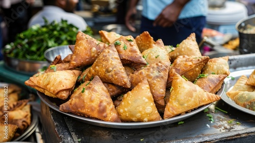 A Mountain of Golden Samosas in a Bustling Indian Market