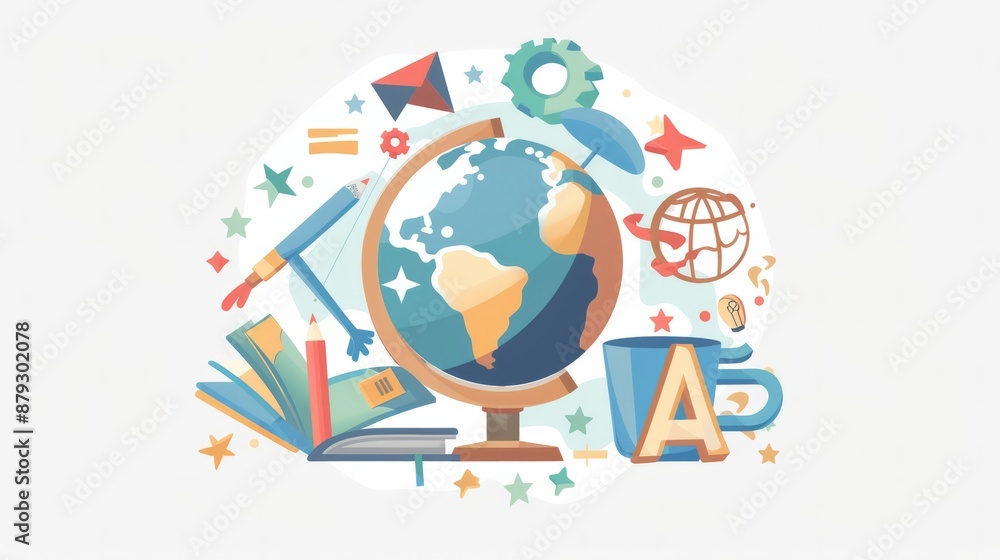 Logo design for with a globe surrounded by educational elements Logo design for with a globe surrounded by educational elements