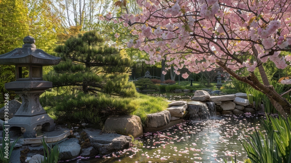 Fototapeta premium A tranquil Japanese garden with cherry blossom trees in full bloom, a small pond