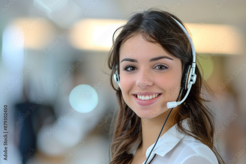 Portrait of a female customer service representative smiling and wearing a headset bright modern office background Portrait of a female customer service representative smiling and wearing a headset bright modern office background
