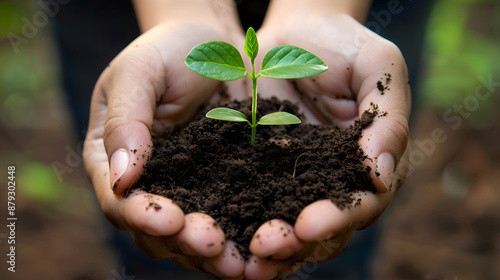 Close-up of hands holding soil with a small green plant sprouting, representing growth, sustainability, and environmental care.