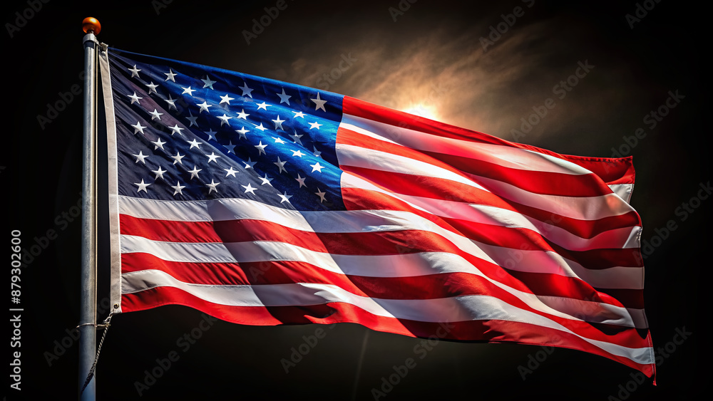 Fototapeta premium Vibrant American flag stands proudly on a black background, symbolizing patriotism, freedom, and national pride, perfect for Memorial Day, 4th of July, and Labor Day celebrations.
