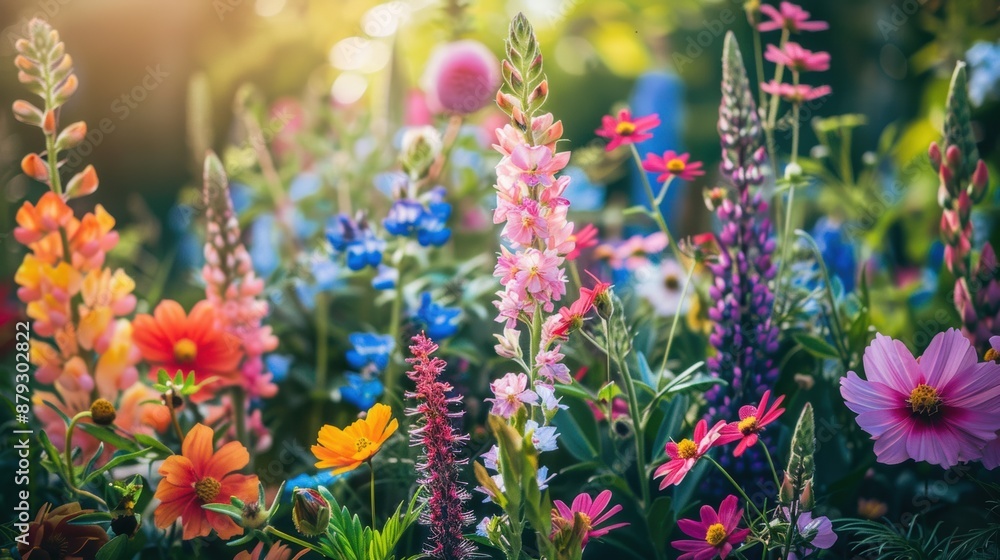 A vibrant garden filled with blooming flowers of various colors and species on a sunny day A vibrant garden filled with blooming flowers of various colors and species on a sunny day