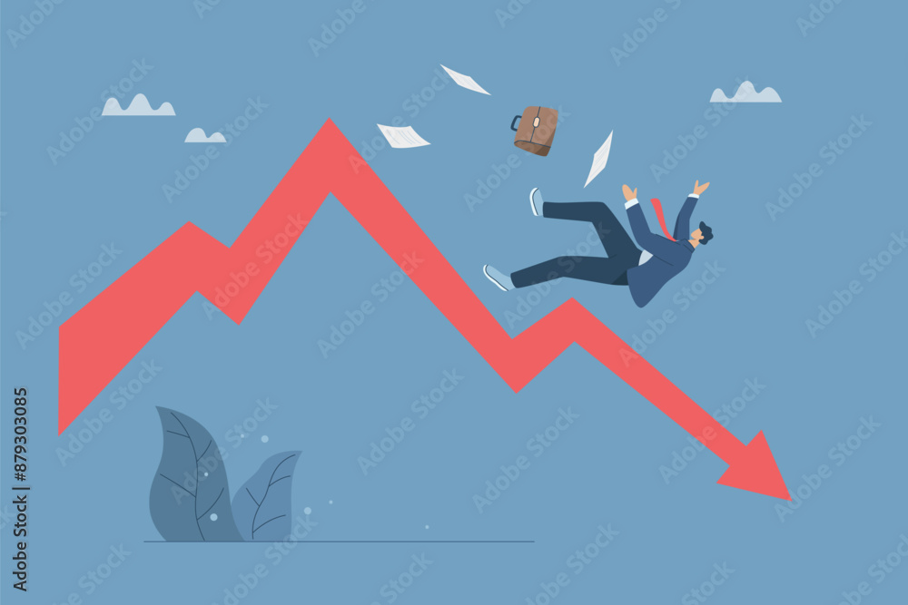 Business failure or economic recession, Investment crisis or stock market crash, investment mistakes, Business investment risks, Businessman falls from a rising graph, Vector design illustration. Business failure or economic recession, Investment crisis or stock market crash, investment mistakes, Business investment risks, Businessman falls from a rising graph, Vector design illustration.