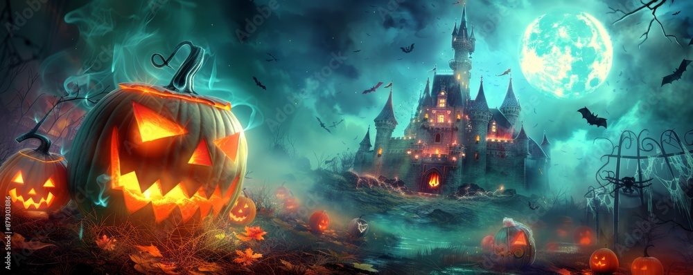 Obraz premium A Halloween night with a carved pumpkin lantern and a creepy castle in the background A haunted castle on a Halloween night with glowing jack-o'-lanterns and a full moon