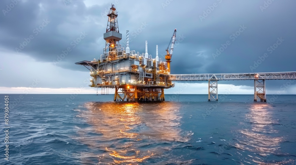 An offshore oil platform stands tall in the ocean, illuminated by bright lights as a dramatic storm clouds roll in over the horizon An offshore oil platform stands tall in the ocean, illuminated by bright lights as a dramatic storm clouds roll in over the horizon