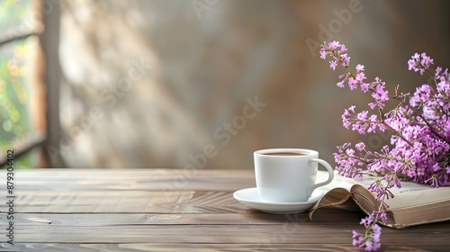 a clean gradient light cafeteria wood table background orned by few dendrobium and lavender branches with a cup of coffee and a book photo