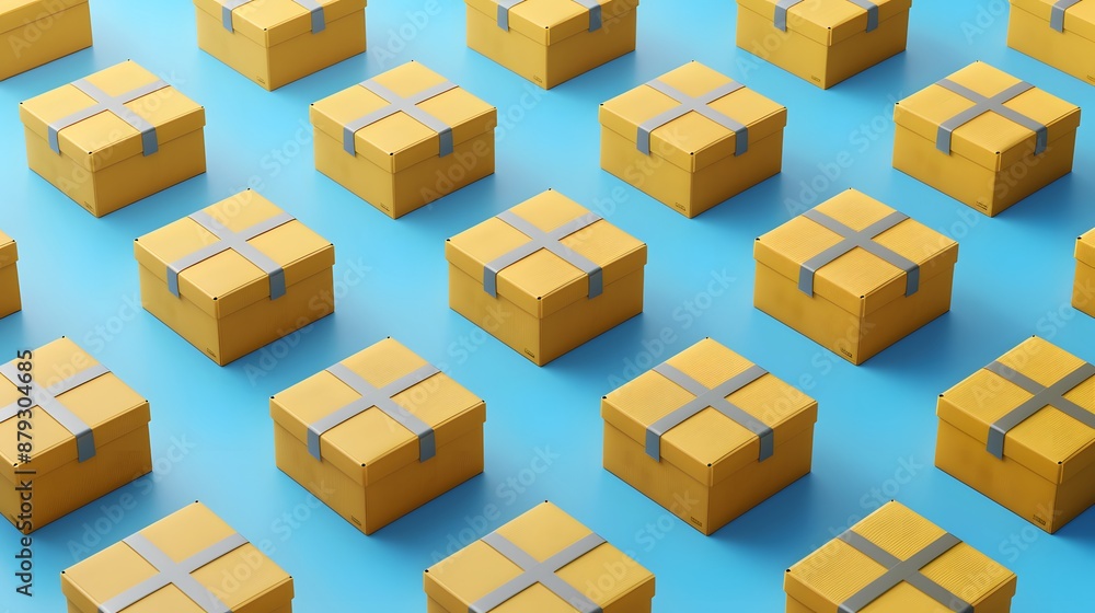 Fototapeta premium A pattern of multiple neatly arranged yellow cardboard boxes with silver tape on a blue background, representing shipping and delivery services.