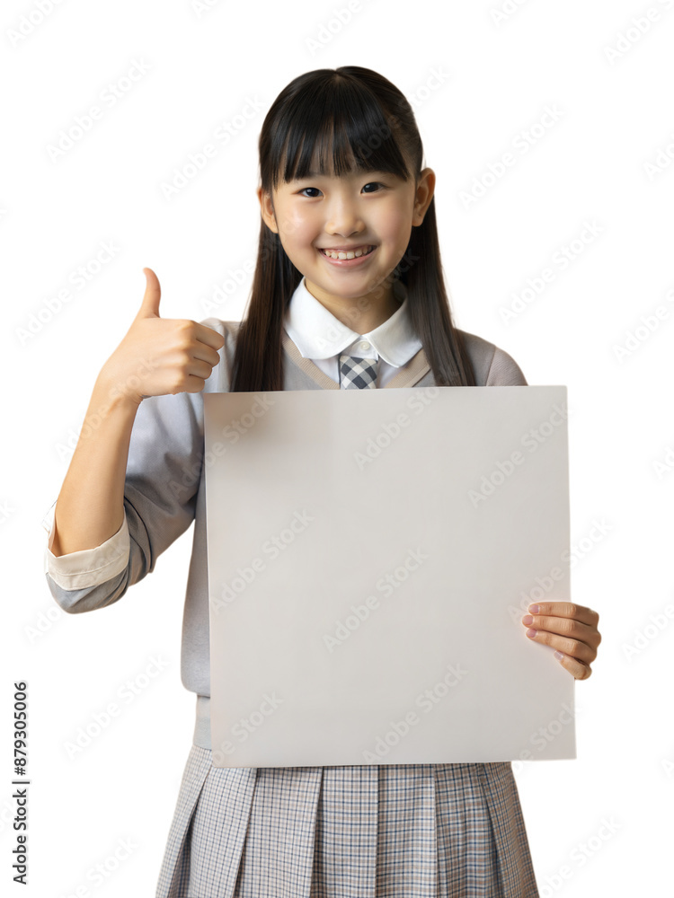 cute asian teenager schoolgirl, holding white paper  , png format, isolated on white background, back to school advertising