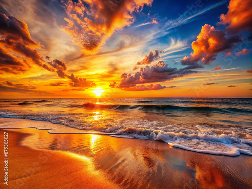 Fototapeta Naklejka Na Ścianę i Meble -  Vibrant orange sunset casts warm glow on gentle waves rolling onto serene sandy beach, creating soothing atmosphere of peacefulness and tranquility.
