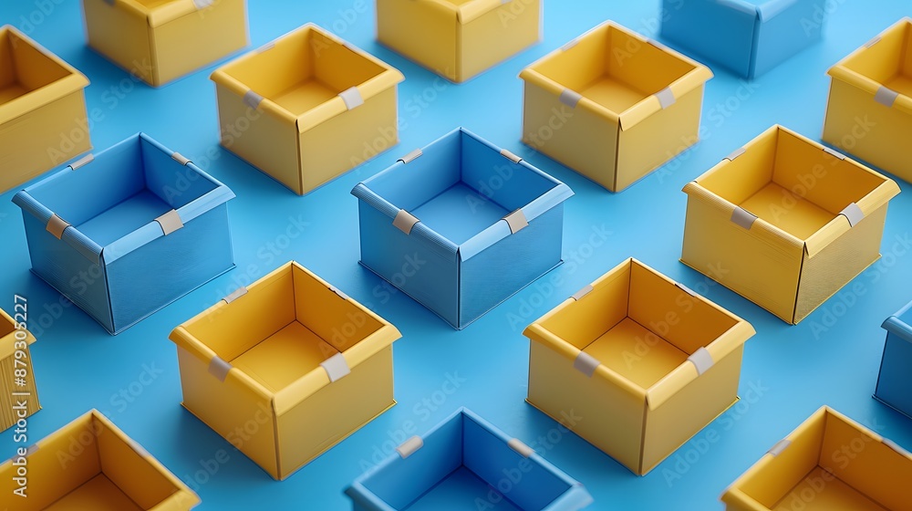 Blue and yellow open boxes are arranged in a pattern on a blue surface. Organized, minimalistic design. Blue and yellow open boxes are arranged in a pattern on a blue surface. Organized, minimalistic design.