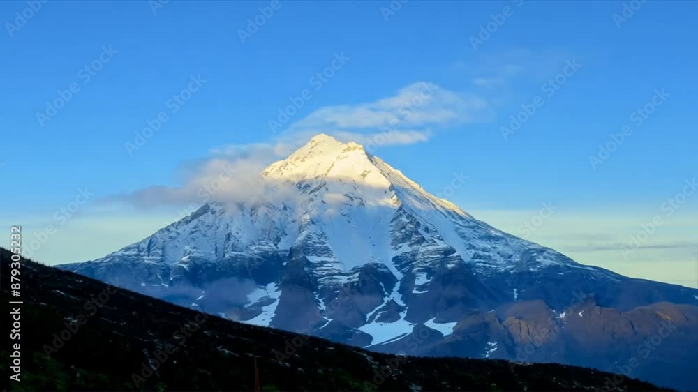 Snowy peak of Mount Hood dominates the Oregon landscape with a dramatic volcanic form Snowy peak of Mount Hood dominates the Oregon landscape with a dramatic volcanic form