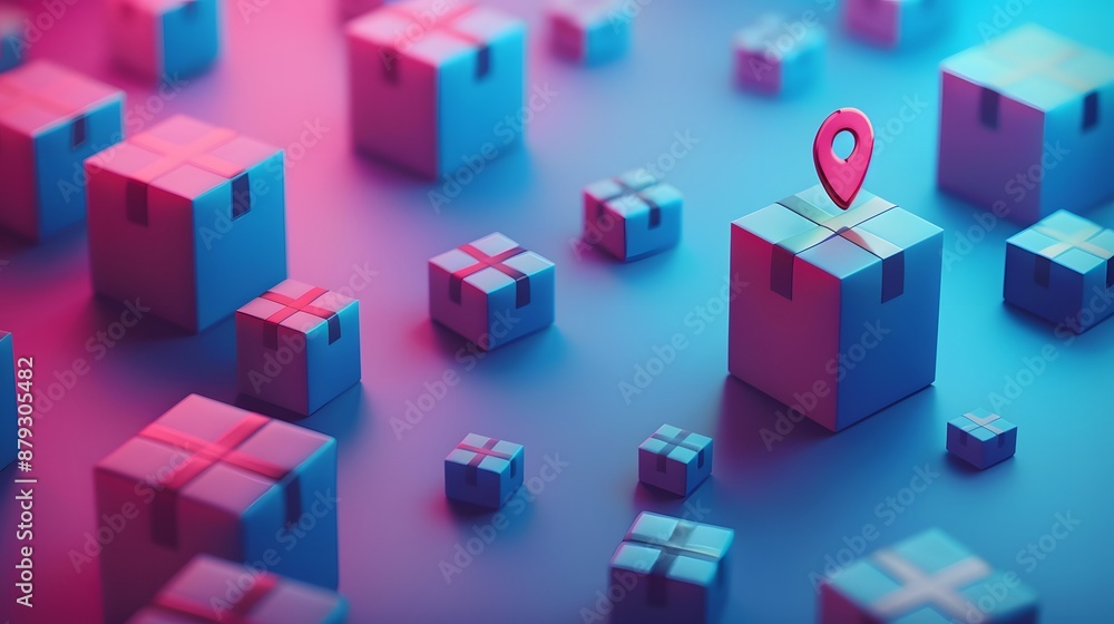 Colorful 3D illustration of multiple packages with a location pin symbolizing delivery, logistics, or shipping services. Colorful 3D illustration of multiple packages with a location pin symbolizing delivery, logistics, or shipping services.