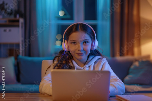 Girl wearing headphones is sitting in front of a laptop at home, using technology for online education