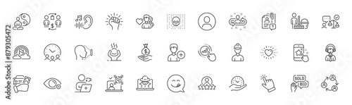 Buying process, Face id and Star rating line icons. Pack of Headshot, Cursor, Teamwork icon. Rent car, Lgbt, Foreman pictogram. Empower, Video conference, Cyber attack. Man love, Qr code. Vector