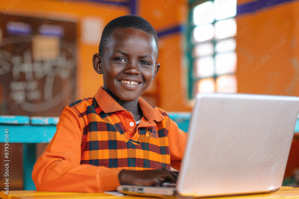 Portrait of a smiling african schoolboy using a laptop in a classroom ...