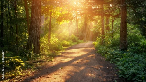 A peaceful forest trail with sunlight filtering through the trees, perfect for outdoor exercise. High quality images © wannathon