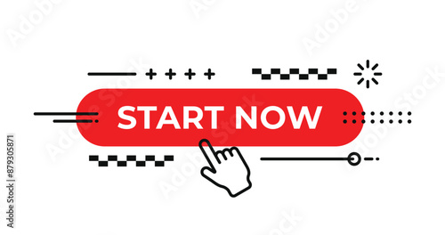 Start Now text with abstract button element. Speech Bubble with line hand pressing start button. Vector isolated on white background