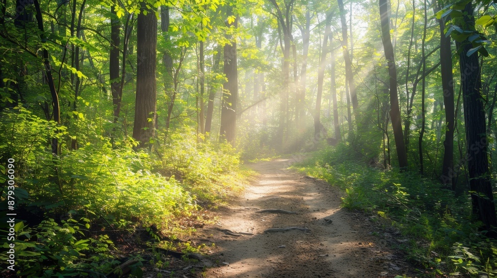 Fototapeta premium A peaceful forest trail with sunlight filtering through the trees, perfect for outdoor exercise. High quality images