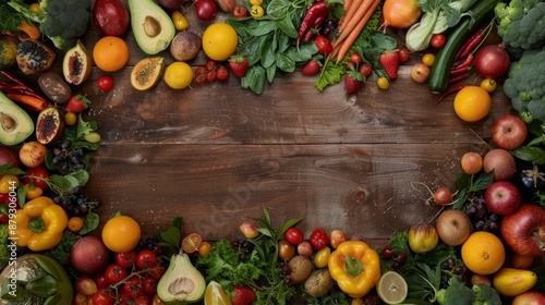 Fototapeta Naklejka Na Ścianę i Meble -  A variety of fresh vegetables and fruits arranged on a wooden table, promoting healthy eating. High quality images