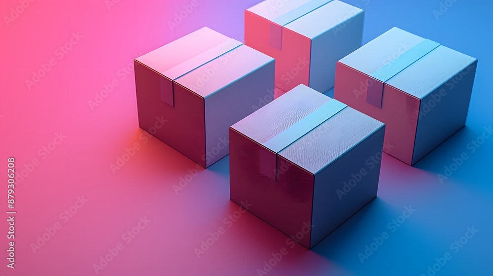 Four cardboard boxes with reflective tape under blue and pink lighting, creating a vibrant and modern composition. Four cardboard boxes with reflective tape under blue and pink lighting, creating a vibrant and modern composition.