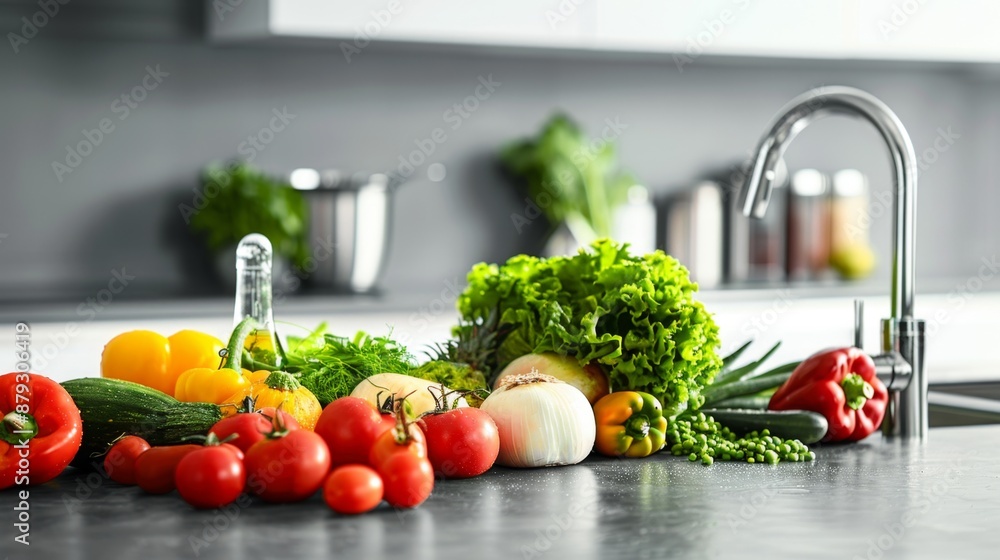 A set of neatly arranged fresh vegetables on a kitchen counter, highlighting healthy cooking. High quality images A set of neatly arranged fresh vegetables on a kitchen counter, highlighting healthy cooking. High quality images