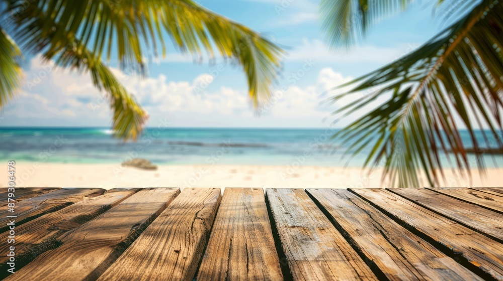 Podium for product presentation. Empty wooden table and palm leaves with blur beach on background in summer time, can be used for product placement Podium for product presentation. Empty wooden table and palm leaves with blur beach on background in summer time, can be used for product placement