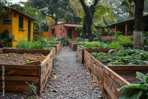 Fototapeta Naklejka Na Ścianę i Meble -  A school garden where children are learning to grow their own vegetables and herbs. 