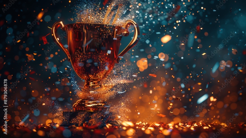 A dynamic 3D visualization of a trophy, captured in mid-air as if it were being awarded, conveying a sense of motion and excitement.