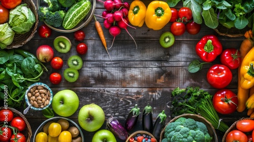 Fototapeta Naklejka Na Ścianę i Meble -  A variety of fresh vegetables and fruits arranged on a wooden table, promoting healthy eating. High quality images