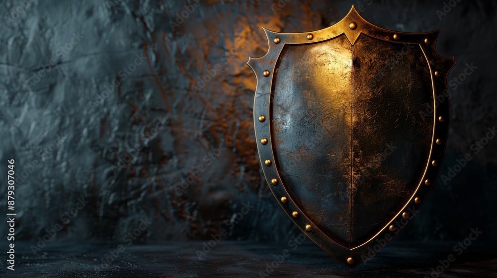 Fototapeta premium A stylized 3D illustration of a trophy shield crafted from gleaming metal, evoking a sense of strength and honor.