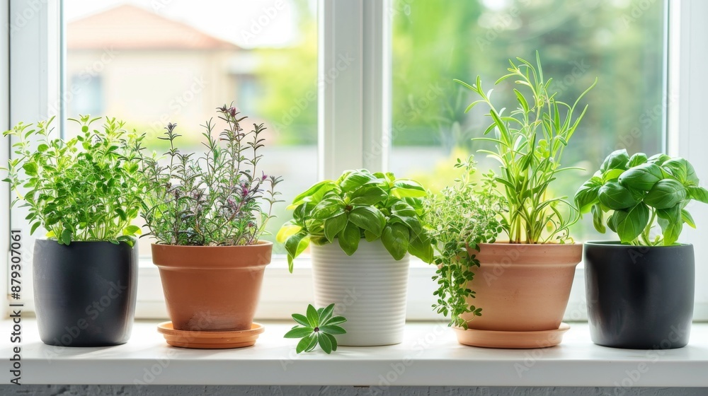 A variety of fresh herbs in pots on a windowsill, symbolizing natural and healthy ingredients. High quality images A variety of fresh herbs in pots on a windowsill, symbolizing natural and healthy ingredients. High quality images