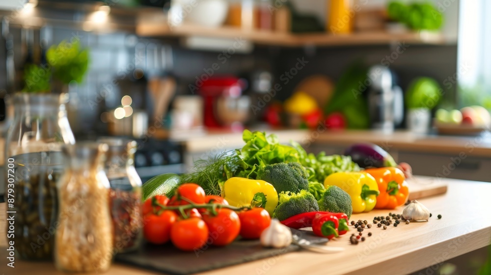 A set of neatly arranged fresh vegetables on a kitchen counter, highlighting healthy cooking. High quality images A set of neatly arranged fresh vegetables on a kitchen counter, highlighting healthy cooking. High quality images