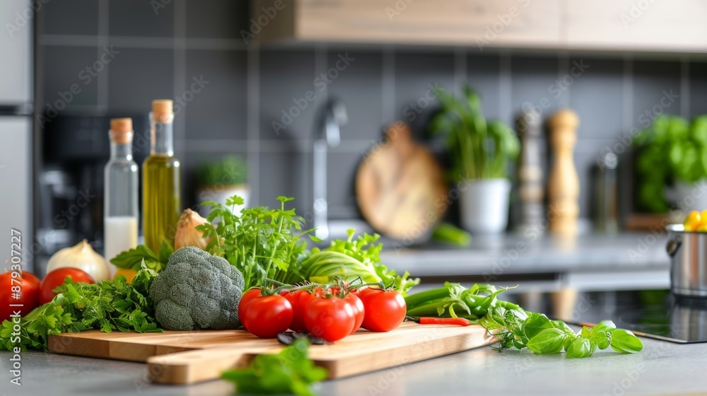 A set of neatly arranged fresh vegetables on a kitchen counter, highlighting healthy cooking. High quality images A set of neatly arranged fresh vegetables on a kitchen counter, highlighting healthy cooking. High quality images