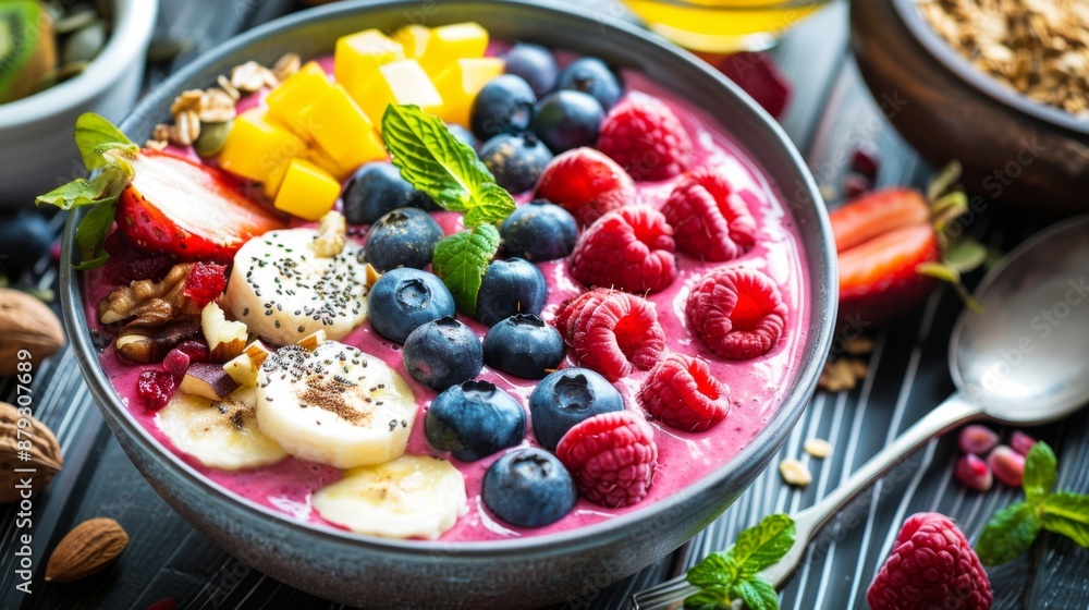 A bright and vibrant smoothie bowl with fresh fruits and nuts, emphasizing healthy eating. High quality images A bright and vibrant smoothie bowl with fresh fruits and nuts, emphasizing healthy eating. High quality images