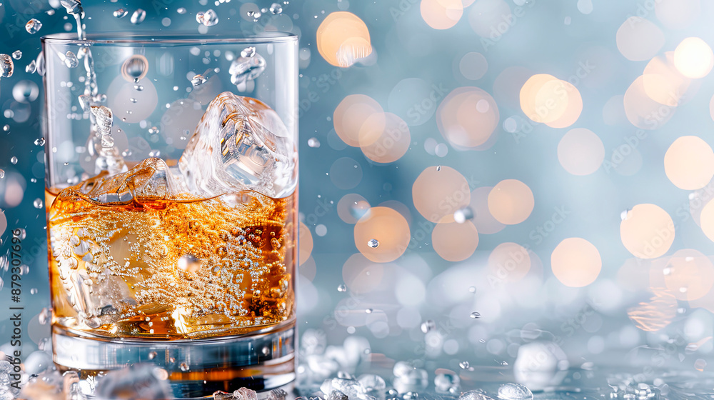 A glass of whiskey with ice splashing against a bokeh background. Concept: luxury, nightlife, celebration. Suitable for bars, restaurants, beverage brands. Ideal for promoting alcoholic beverages A glass of whiskey with ice splashing against a bokeh background. Concept: luxury, nightlife, celebration. Suitable for bars, restaurants, beverage brands. Ideal for promoting alcoholic beverages