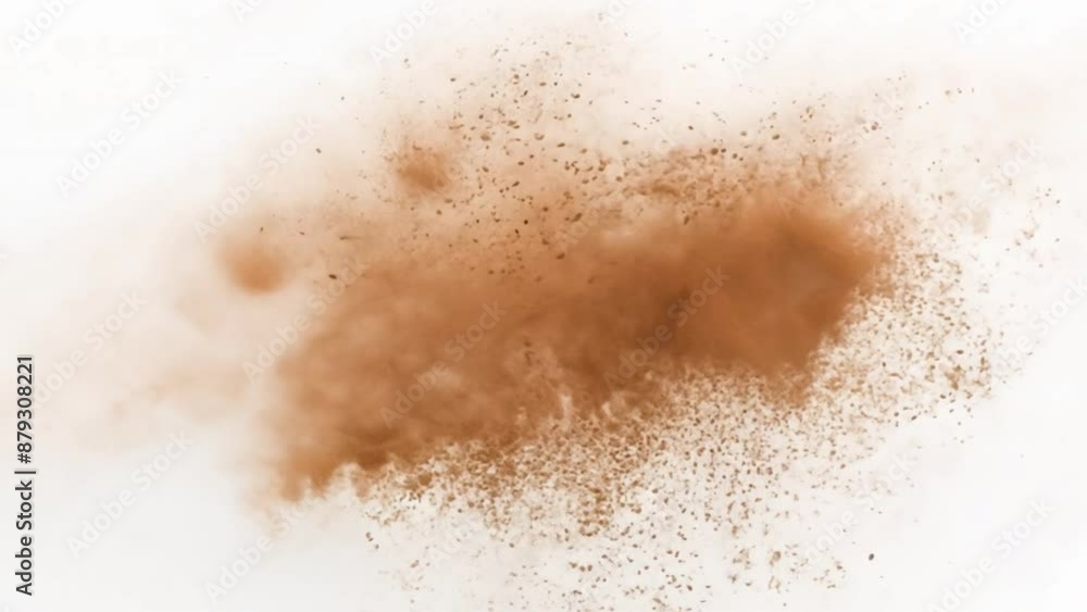 Brown powder dust cloud.Brown particles splattered on white background Brown powder dust cloud.Brown particles splattered on white background