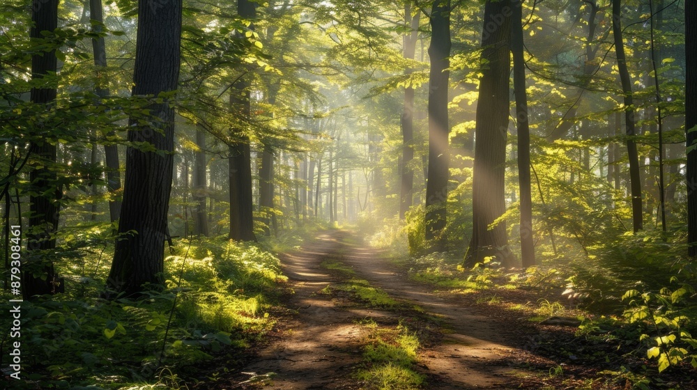 Obraz premium A tranquil forest path with sunlight streaming through the trees, perfect for outdoor walks. High quality images