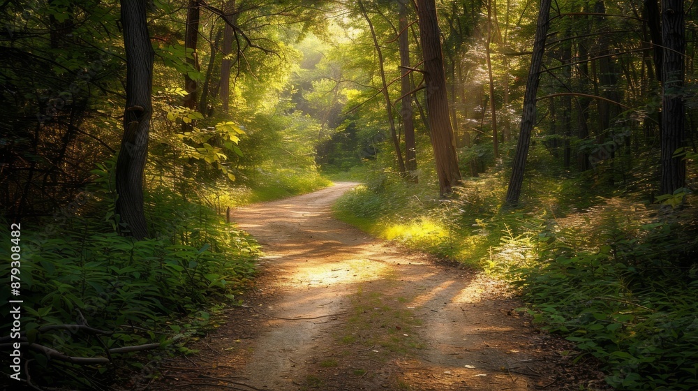A tranquil forest path with sunlight streaming through the trees, perfect for outdoor walks. High quality images