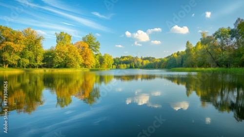 A calm lake with a reflection of the surrounding trees and sky, promoting outdoor relaxation. High quality images