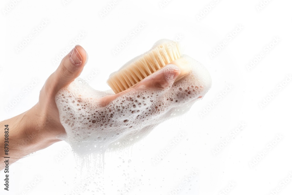 Fototapeta premium Hand Cleaning Concept. Person Cleaning Their Hand with Soap and Brush on White Background