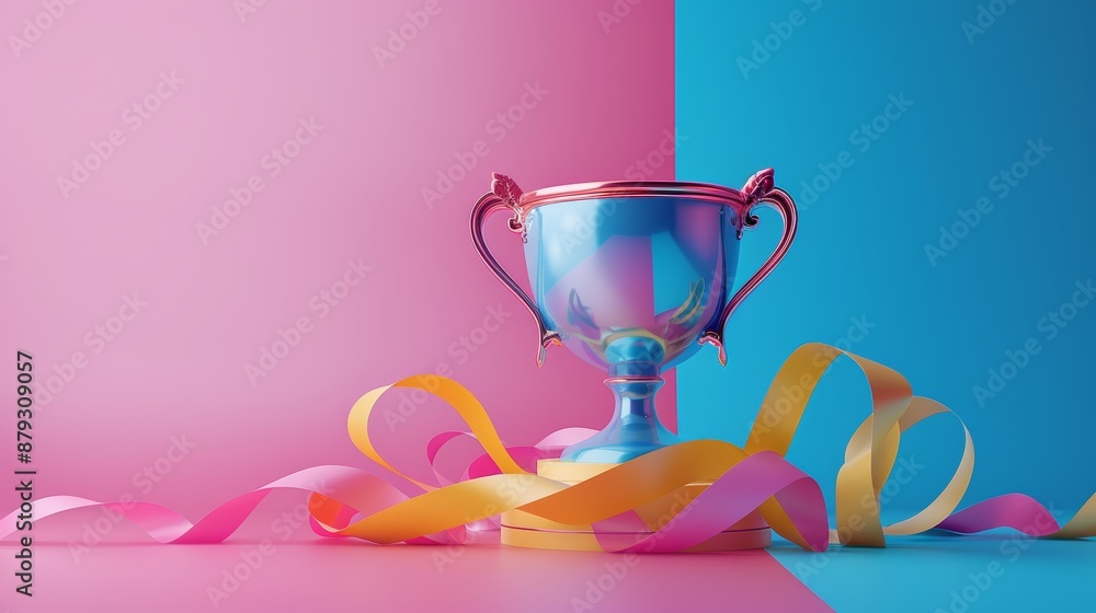 A vibrant 3D illustration of a cup-shaped trophy with ribbons, symbolizing celebration and triumph. A vibrant 3D illustration of a cup-shaped trophy with ribbons, symbolizing celebration and triumph.