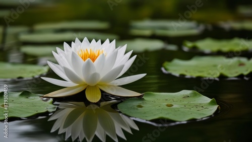  Elegance in nature A single lotus flower blooms amidst lily pads