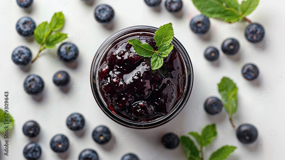 Top View of Fresh Blueberry Jam in a Jar with Mint Leaves Top View of Fresh Blueberry Jam in a Jar with Mint Leaves