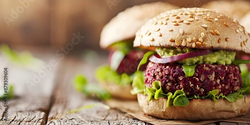 Delicious Vegan Gourmet Burger Recipe with Beet Quinoa Patty, Avocado Cashew Cream, and Multigrain Bun. Concept Vegetarian, Gourmet, Burgers, Recipe, Beet Quinoa Patty, Avocado Cashew Cream photo