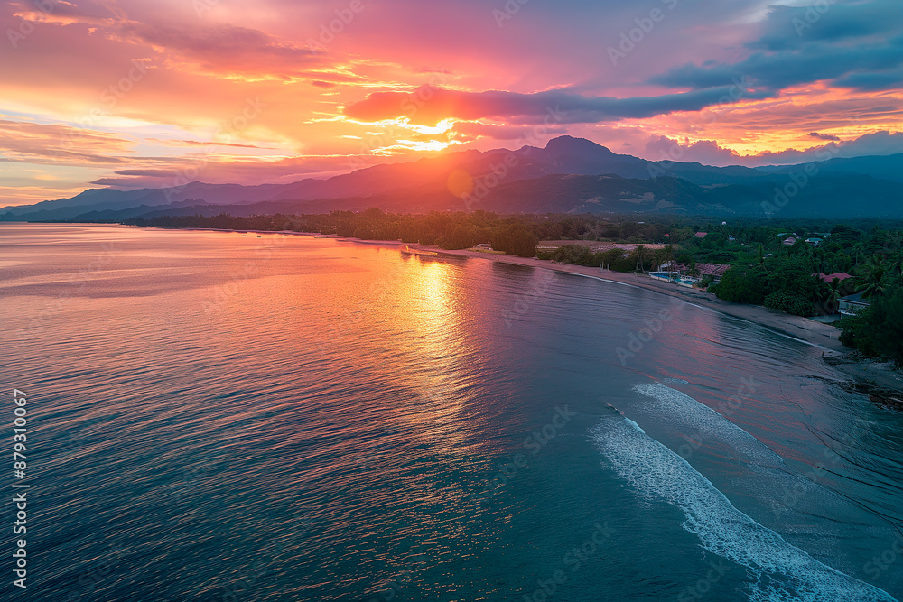 Fototapeta premium landscape of mountains and sea with beautiful sunset, panoramic view