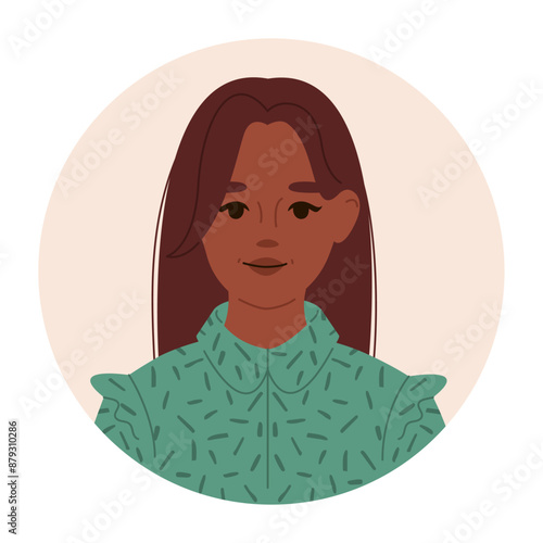 Head portrait of brunette woman wearing in green shirt. Avatar of girl for social networks. Vector flat illustration.